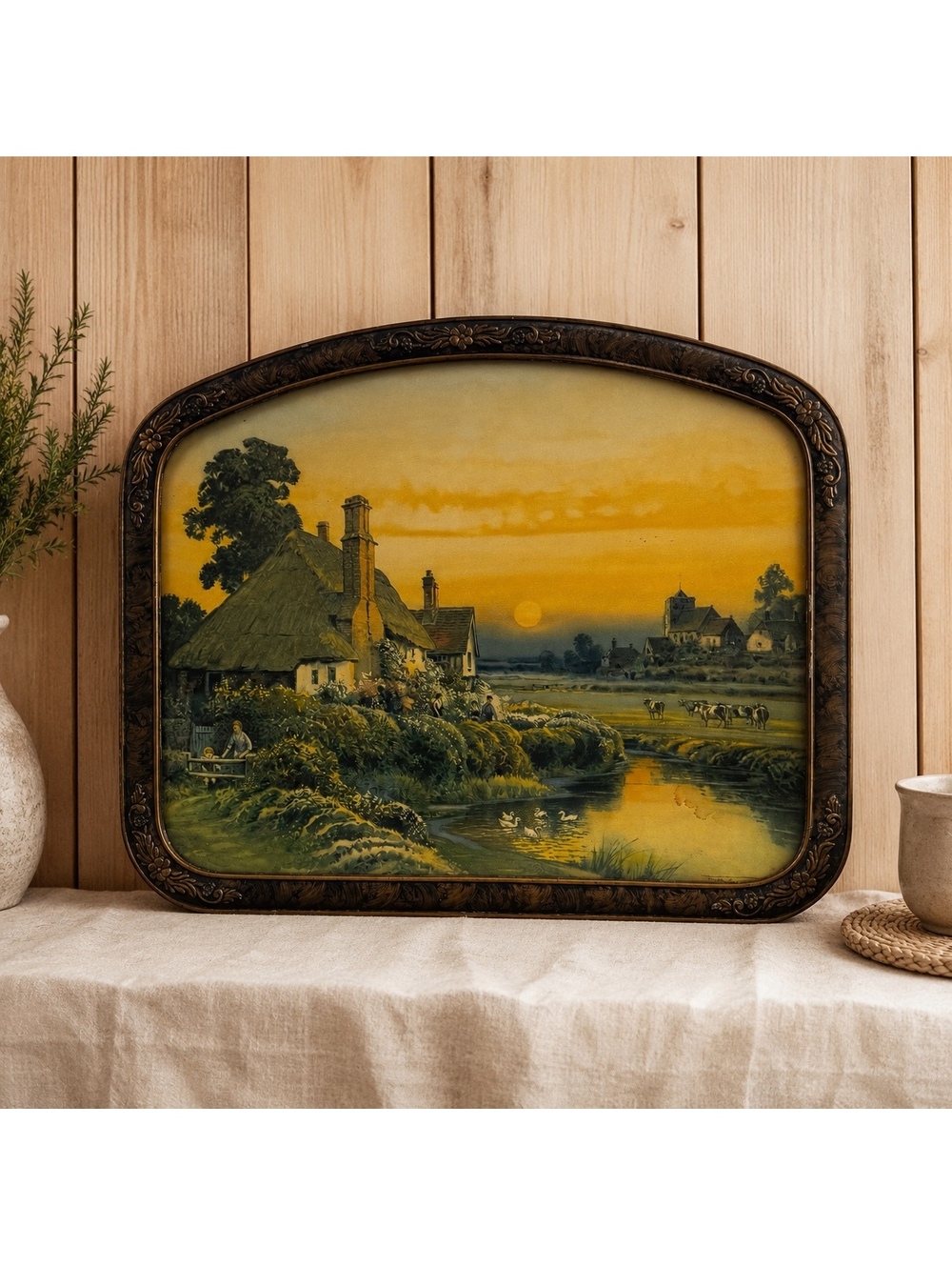 Antique pastoral cottage landscape serving tray 22x17 ornate floral border - Picture 1 of 10